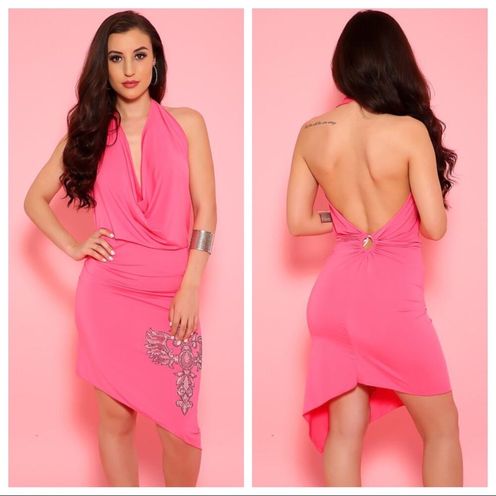 NWT Sexy Rhinestone Halter Party Club Dress Pink S